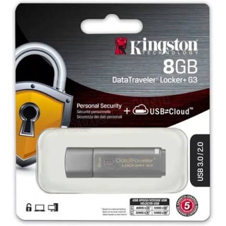 Clé USB 3,0 Kingston DataTraveler Locker G3 - 8 Go Criptée[DTLPG3/8GB]